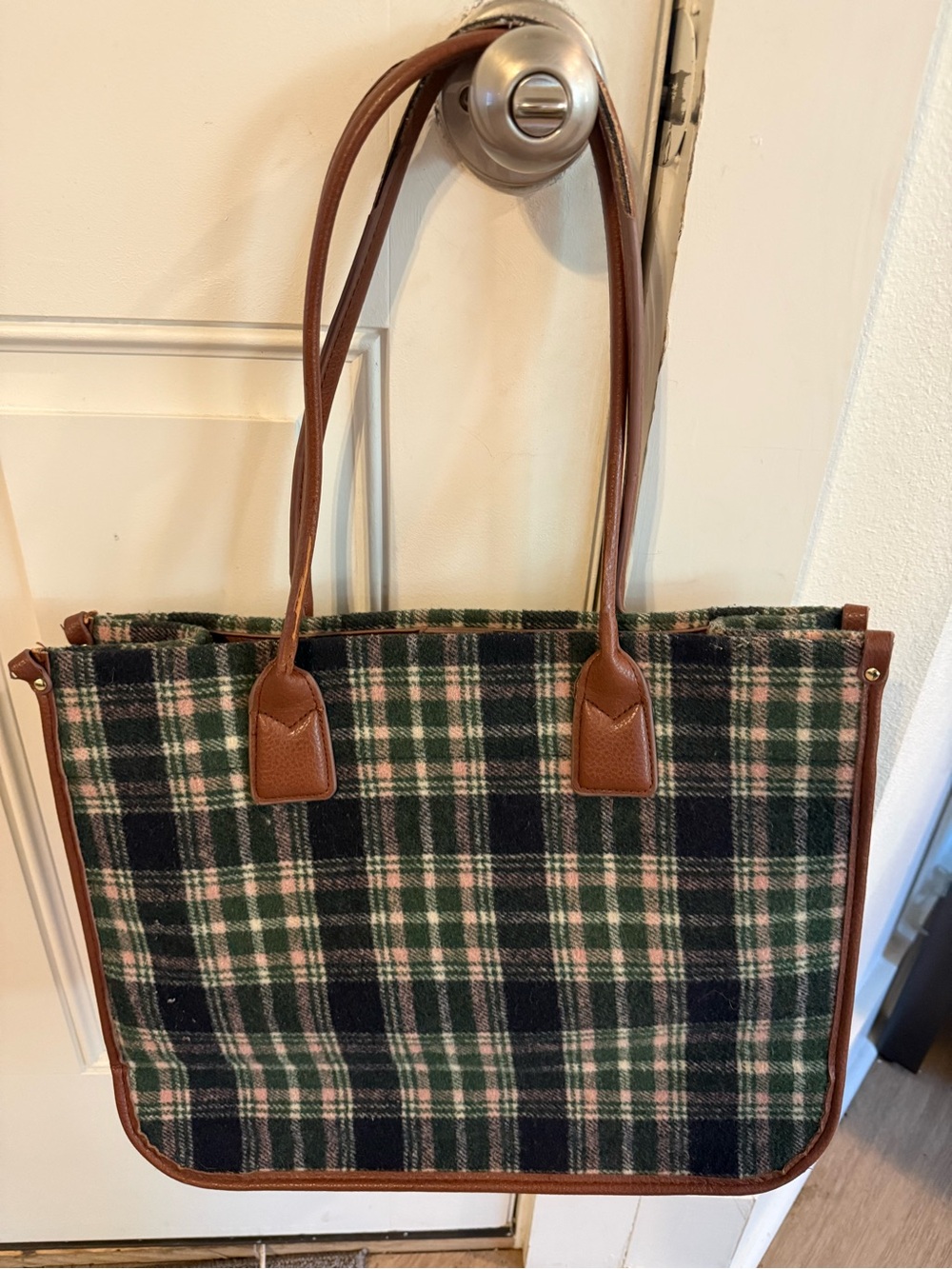 Plaid Tote Bag with Brown Trim - Green & Navy Plaid